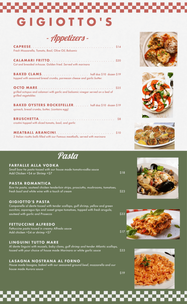 Gigiotto’s Pizzeria catering menu showing catering meal packages and catering by the pan. Meal packages include garden salad and bread, choice of pasta, sauce, vegetables, potatoes, and proteins with per-person pricing and minimum order of twelve. Catering by the pan includes pasta with sauce options, add-ons such as chicken, sausage, meatballs, or shrimp, and items like lasagna, chicken breast, eggplant parmesan, bone-in chicken, Italian sausage with peppers and onions, potatoes, and vegetables with half tray and full tray pricing. Note states prices are based on customer pickup with additional charges for plates, utensils, setup, and delivery.