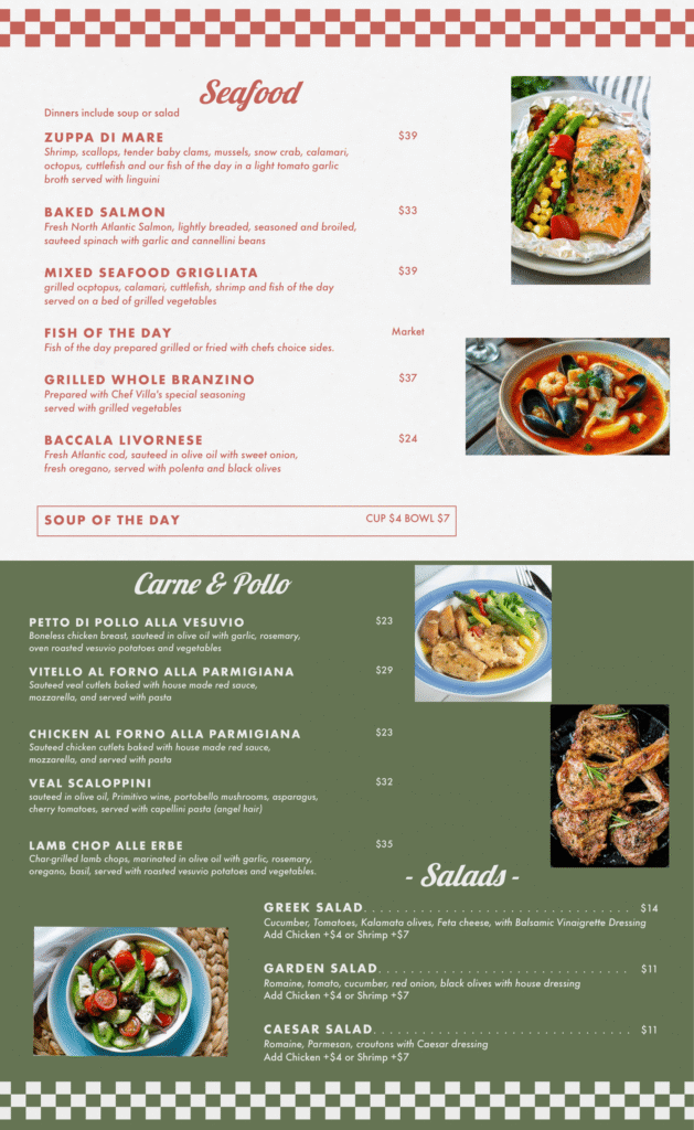 Gigiotto’s Pizzeria catering menu. Salad options include Garden Salad, Caesar Salad, and Greek Salad with half tray and full tray pricing. By-the-pound items include Italian beef with peppers and bread and fried calamari at market price. By-the-piece items include mini arancini, mini panzerotti, and mini focaccini with prices. Menu includes restaurant name, phone number 847-298-5700, and address 1603 East Oakton Street, Des Plaines, Illinois 60018.