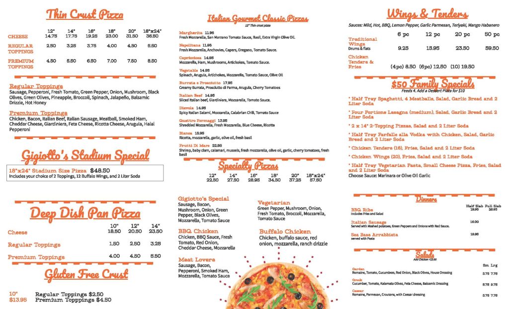 The secondary side of a pizzeria menu and information sheet. The left side lists "Appetizers" like Mozzarella Sticks, Arancini, and Calamari, followed by a "Sandwiches" section featuring Italian Beef, Chicken Parm, and Meatball Subs. The middle column lists "Pasta" dishes like Fettuccine Alfredo and Lasagna, along with "Calzones & Panzerotti," "Dessert" (Tiramisu, Cannoli), and "Beverages." The right side features a large orange logo for "Gigiotto’s Pizzeria" located at 1603 E Oakton Street, Des Plaines, IL. It lists operating hours for the week, the phone number 847-298-5700, and the website www.gigiottos.com.