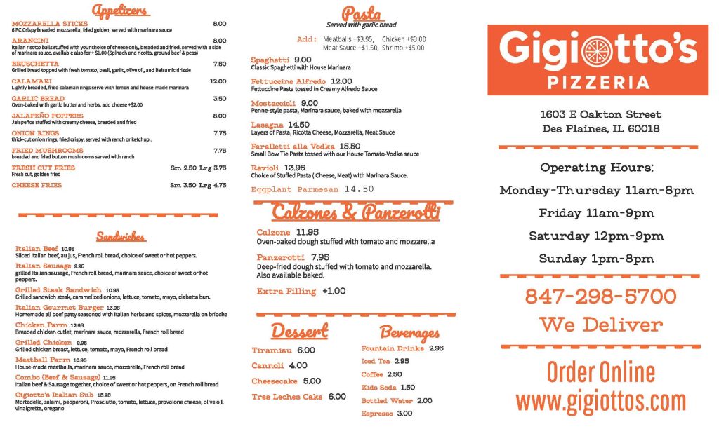 A comprehensive food menu for a pizzeria featuring orange and black text on a white background. The menu is divided into sections including "Thin Crust Pizza," "Italian Gourmet Classic Pizzas," and "Specialty Pizzas" with sizes ranging from 12-inch to an 18x24-inch stadium size. Other sections feature "Wings & Tenders," "Deep Dish Pan Pizza," and "Gluten Free Crust." A prominent "$50 Family Specials" section lists various meal bundles like spaghetti, lasagna, and 2-topping pizzas. The bottom of the menu includes "Dinners" (BBQ Ribs, Italian Sausage, Sea Bass Arrabbiata) and "Salads." A graphic of a pepperoni and olive pizza with a dotted red border is featured at the bottom center.